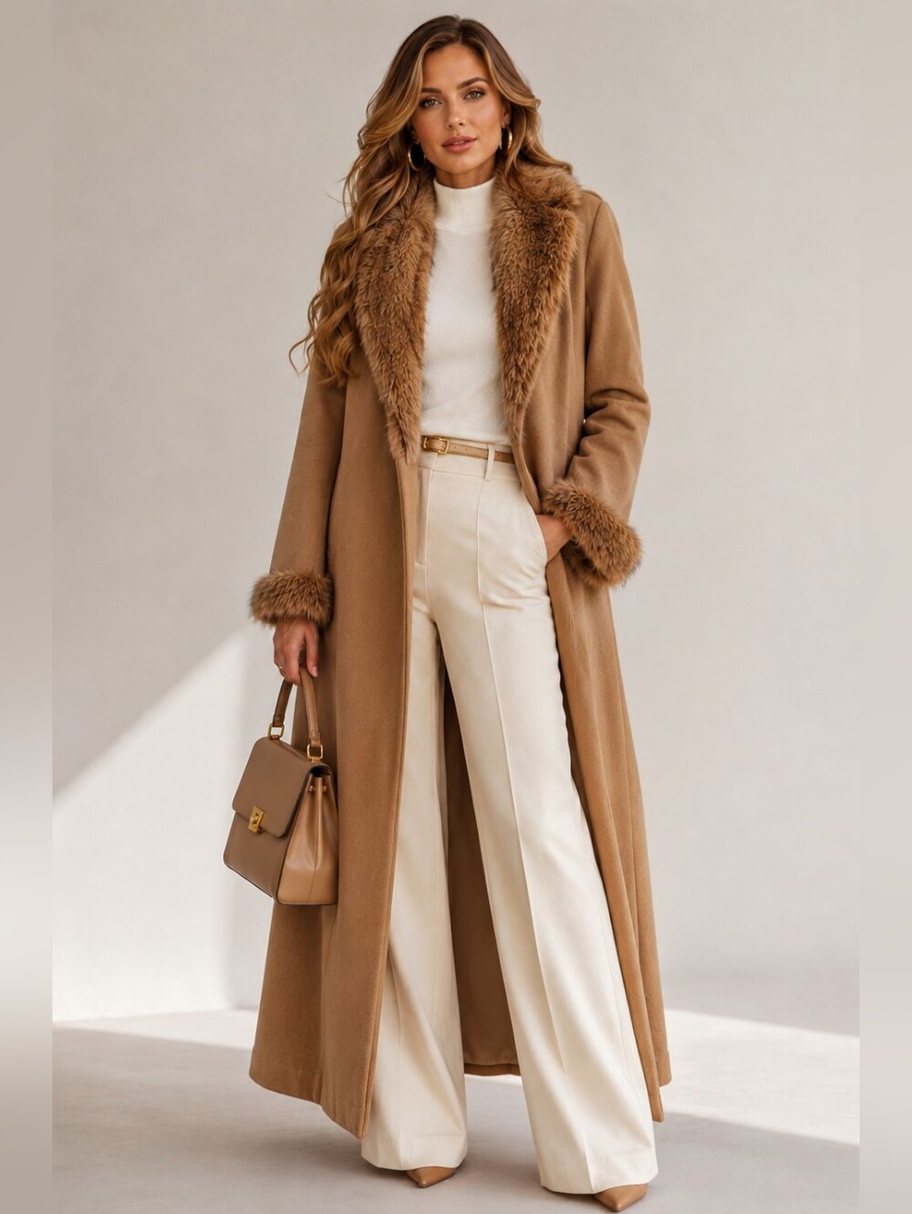 Charles Klein Vintage Tan Camel Wool Maxi Long Lined Coat Faux Fur Collar Cuffs